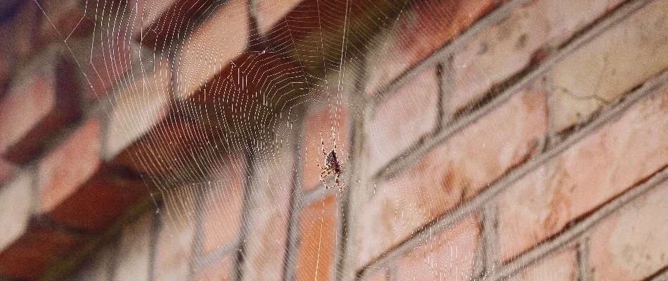 Brick house in Sheffield Lake, OH, with a spider on its web.