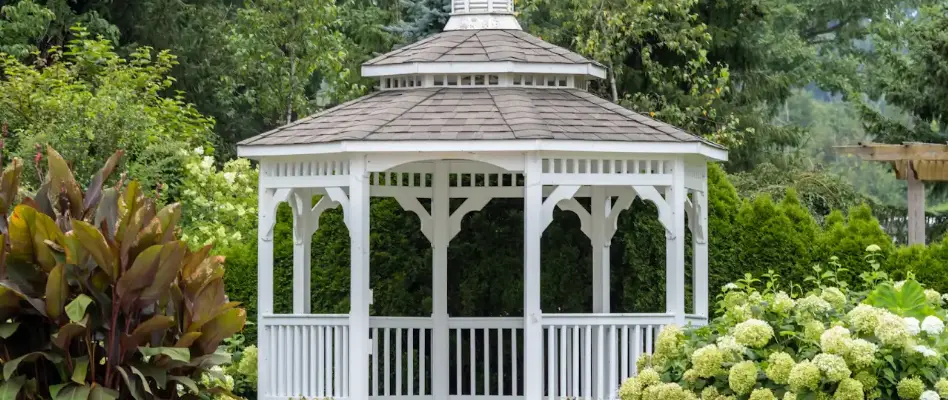 Colorful flowers around a gazebo in Huron, OH.