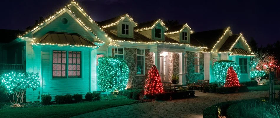 Holiday lights on a home in Amherst, OH.