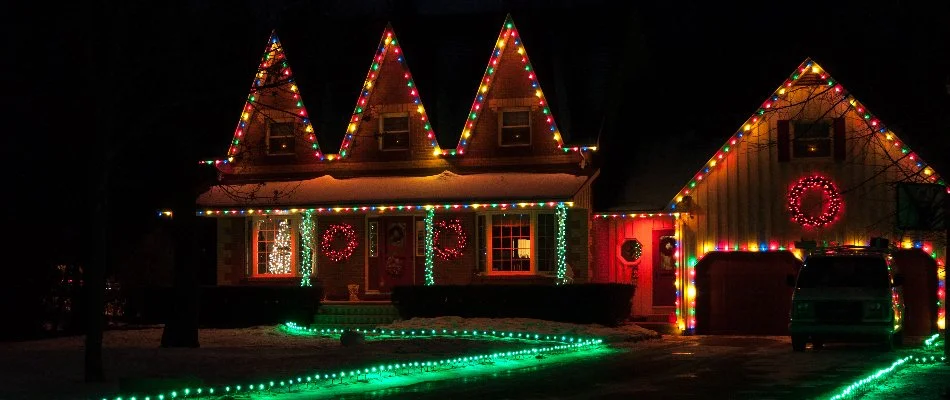 House in Huron, OH, with colorful Christmas lights.