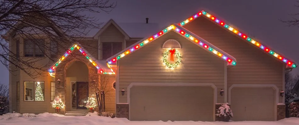 House in Avon Lake, OH, with holiday lighting.
