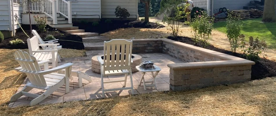 Patio, fire pit, and seating wall in Avon Lake, OH.
