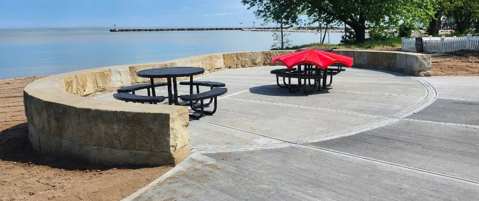 Patio with a seating wall in Amherst, OH.