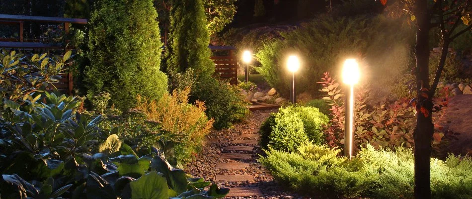 Landscape plants around outdoor lighting in Huron, OH.