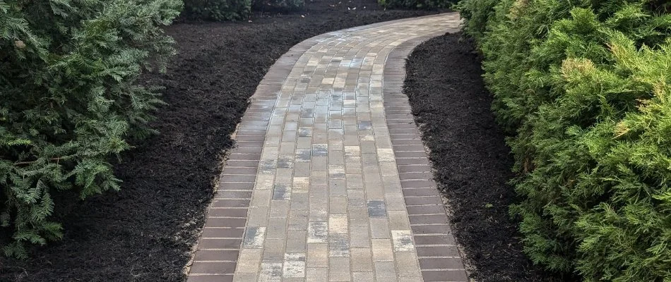 Shrubs along a paver walkway in Huron, OH.